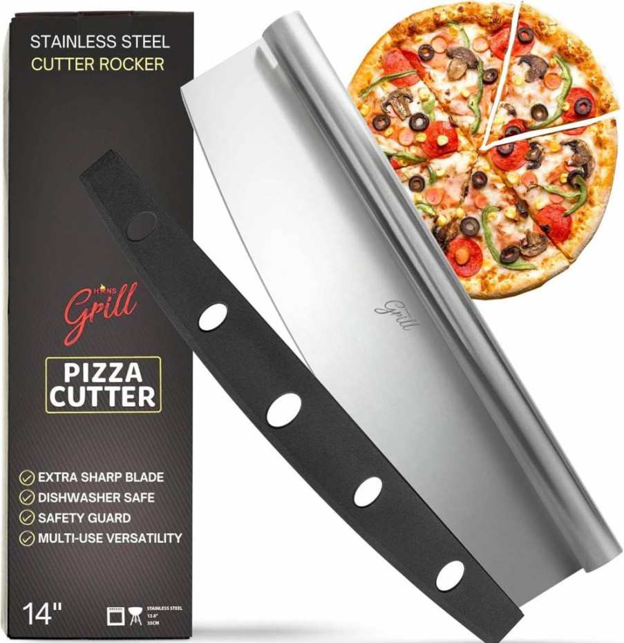 Hans Grill 14-Inch Stainless Steel Rocker Pizza Cutter with Safety Cover – Sharp Nonstick Blade, Dishwasher Safe Professional Pizza Slicer