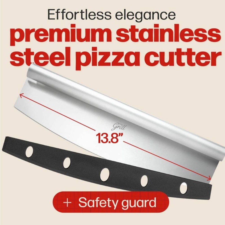 Hans Grill 14-Inch Stainless Steel Rocker Pizza Cutter with Safety Cover – Sharp Nonstick Blade, Dishwasher Safe Professional Pizza Slicer