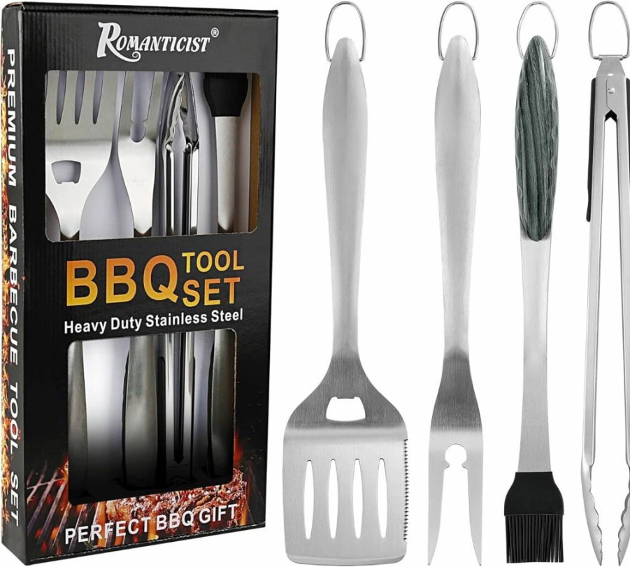 ROMANTICIST 4-Piece Professional Heavy Duty Grill Tools Set - Premium BBQ Accessories for Outdoor Cooking, Backyard, Restaurant - Ideal Gift for Dad on Father's Day or Birthday