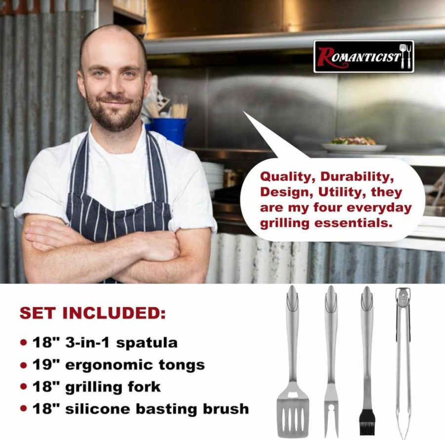 ROMANTICIST 4-Piece Professional Heavy Duty Grill Tools Set - Premium BBQ Accessories for Outdoor Cooking, Backyard, Restaurant - Ideal Gift for Dad on Father's Day or Birthday