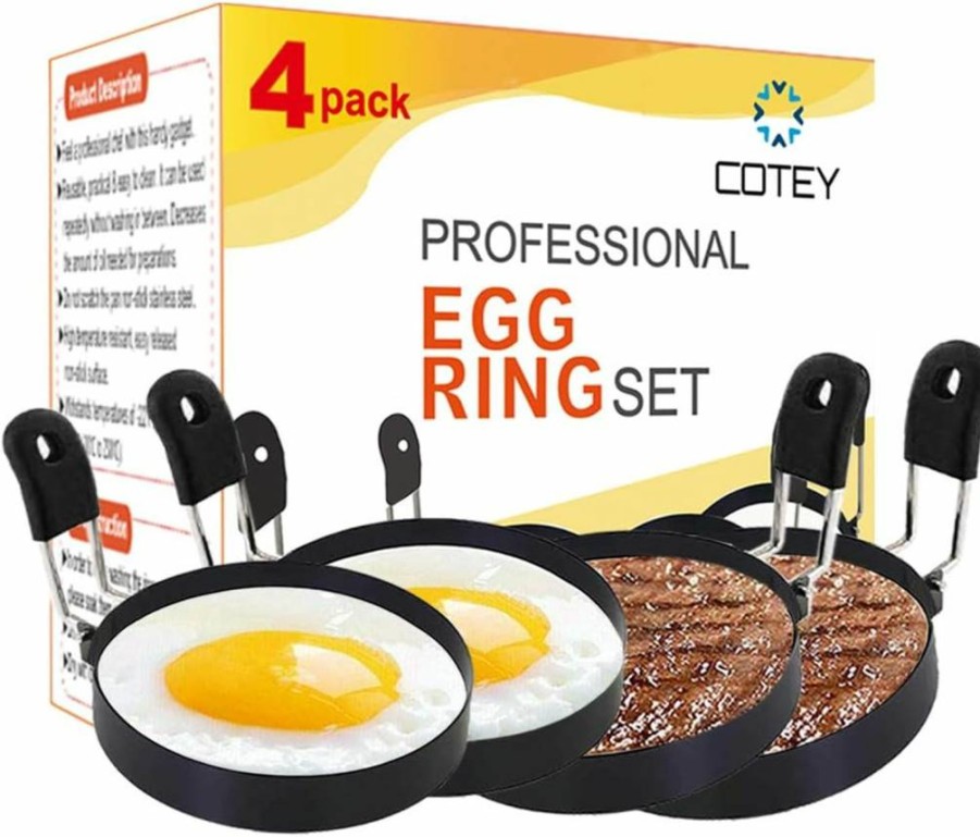 COTEY Nonstick Egg Rings Set of 4 - Round Pancake, Crumpet, English Muffin Mold for Griddle, Camping & Breakfast Sandwich Cooking