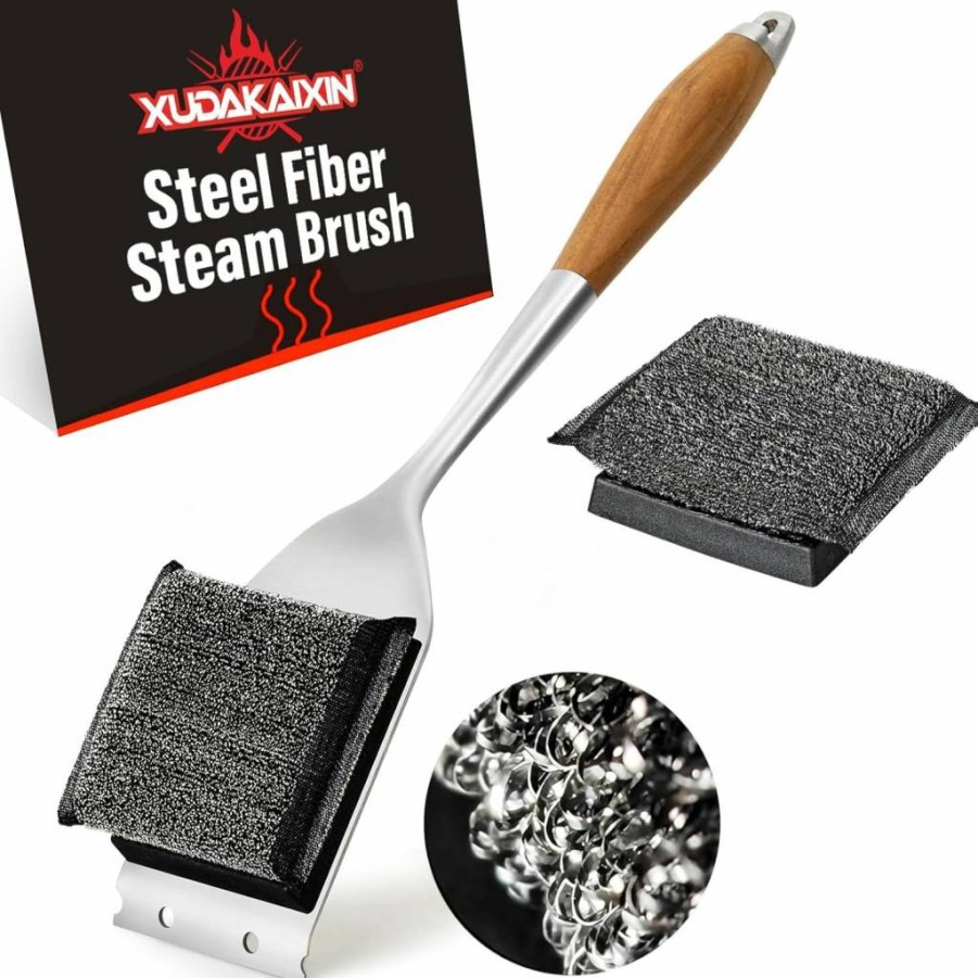 XUDAKAIXIN Grill Brush Bristle Free - Safe & Efficient Steel Fibers Cleaning Pad for Outdoor Grills, Flat Tops, Griddles - Includes 1 Replaceable Head