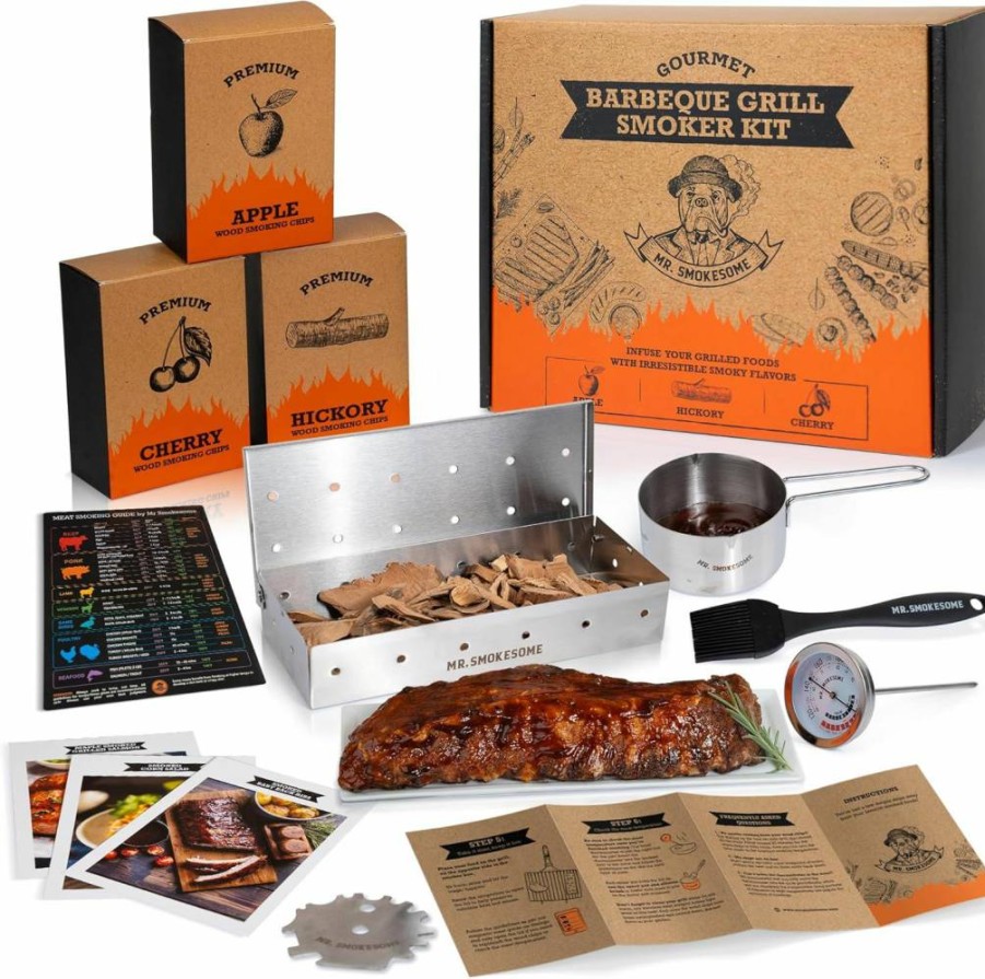 MR. SMOKESOME 12-Piece Wood Smoked BBQ Grill Set with Smoker Box – Premium Smoked Meat & Grilling Accessories for Men – Ideal Gift for BBQ Enthusiasts