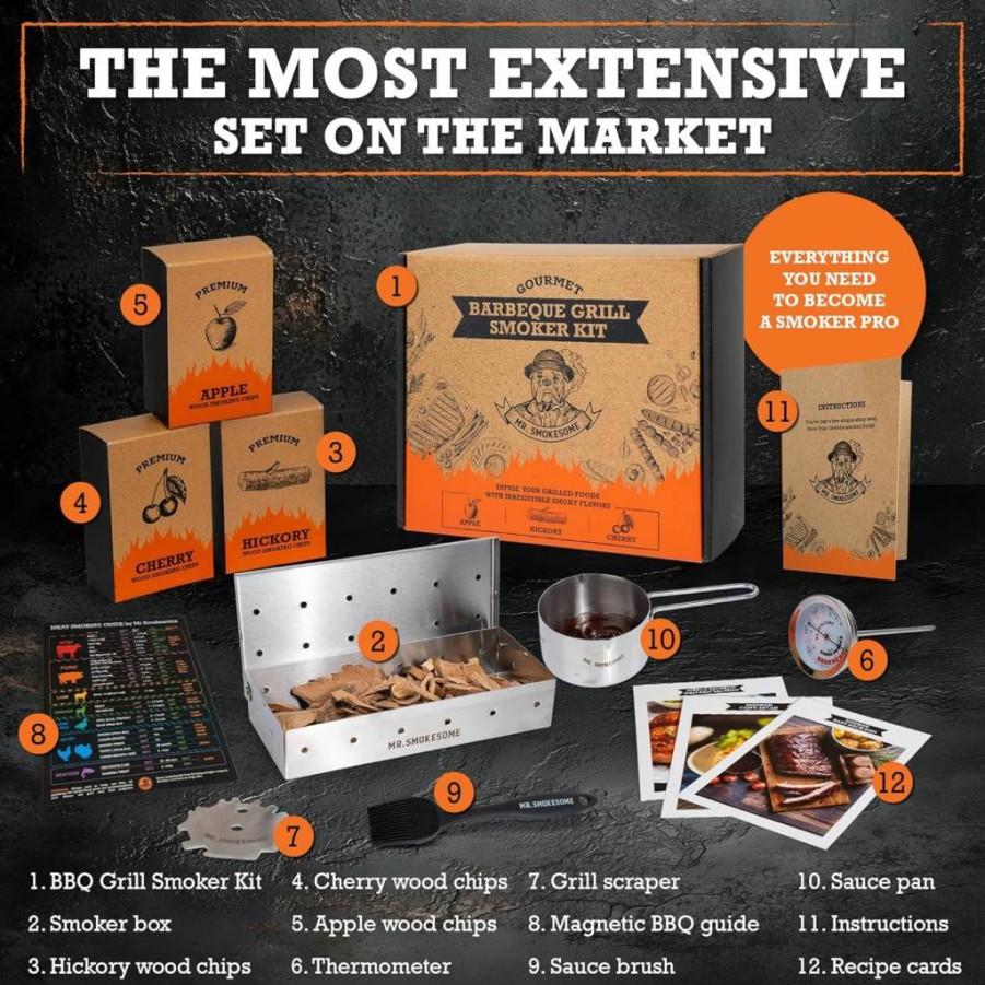 MR. SMOKESOME 12-Piece Wood Smoked BBQ Grill Set with Smoker Box – Premium Smoked Meat & Grilling Accessories for Men – Ideal Gift for BBQ Enthusiasts