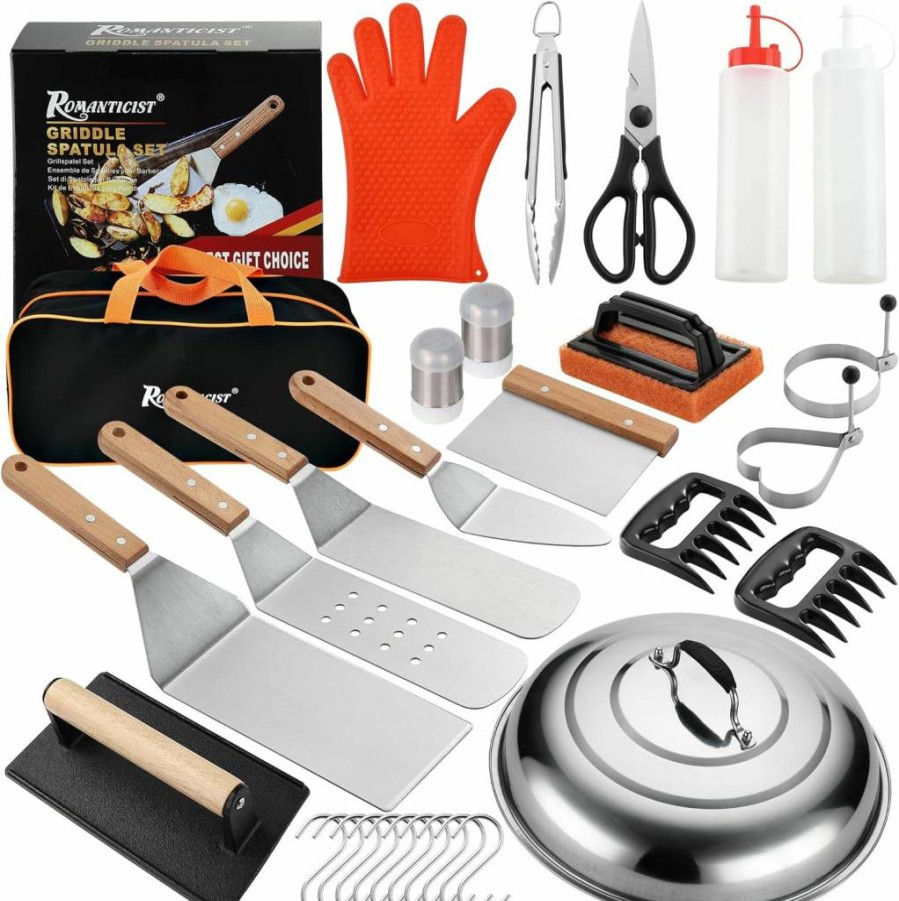 ROMANTICIST 8-Piece Stainless Steel Grill Spatula Set - Heavy Duty Griddle Accessories Kit for Hibachi, Flat Top, Outdoor Cooking - Ideal Birthday & Wedding Gift for Grill Lovers