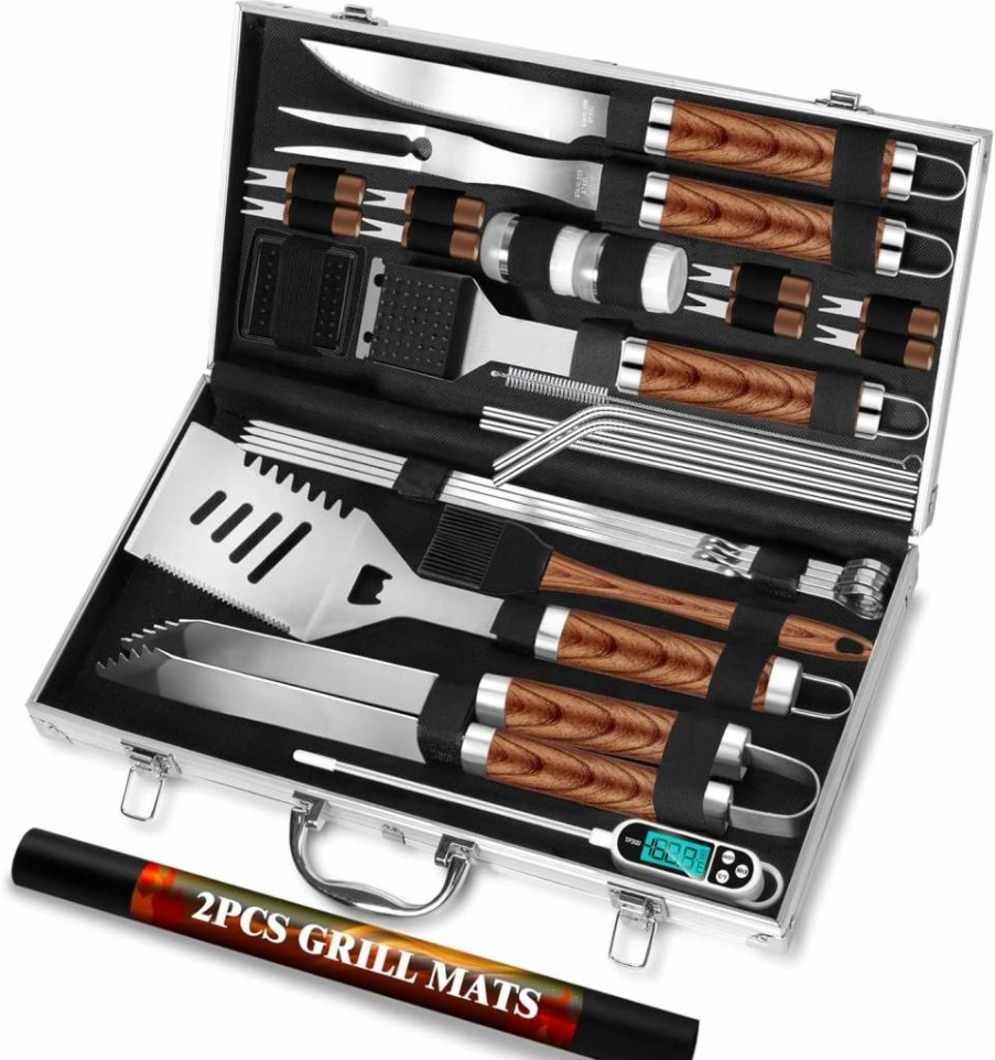 ROMANTICIST 30-Piece Heavy Duty Stainless Steel BBQ Grill Set with Non-Slip Handles, Thermometer & Heat-Resistant Mats - Portable Aluminum Case, Perfect Gift for Men, Dad, Father's Day