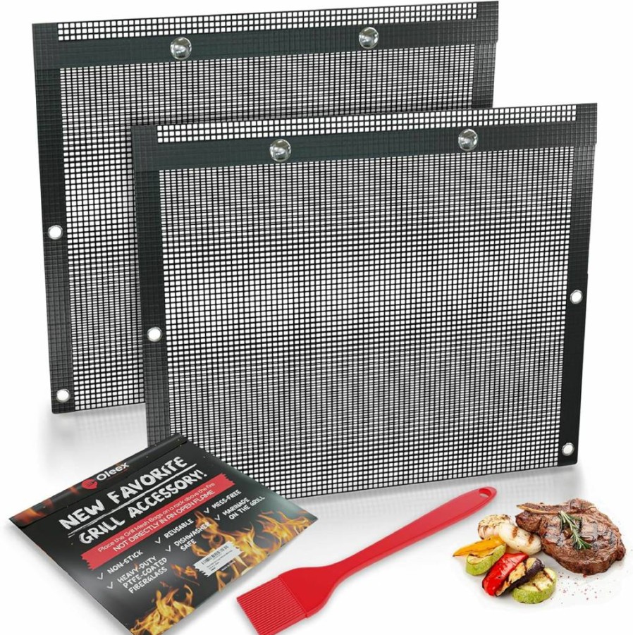 OLEEX YOUR KITCHEN HELPER Reusable Non-Stick BBQ Grilling Bags with Basting Brush - PTFE Mesh Grill Bag for Indoor & Outdoor Charcoal Barbecue, Heat-Resistant Up to 500°F, Dishwasher Safe, Easy Clean