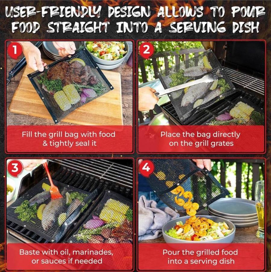 OLEEX YOUR KITCHEN HELPER Reusable Non-Stick BBQ Grilling Bags with Basting Brush - PTFE Mesh Grill Bag for Indoor & Outdoor Charcoal Barbecue, Heat-Resistant Up to 500°F, Dishwasher Safe, Easy Clean