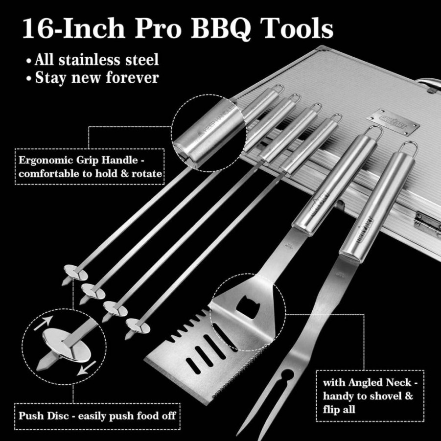 GRILLART 19-Piece Stainless Steel BBQ Grill Tools Set with Aluminum Case - Heavy Duty Grill Utensils for Outdoor Cooking, Perfect Gift for Men & Dad