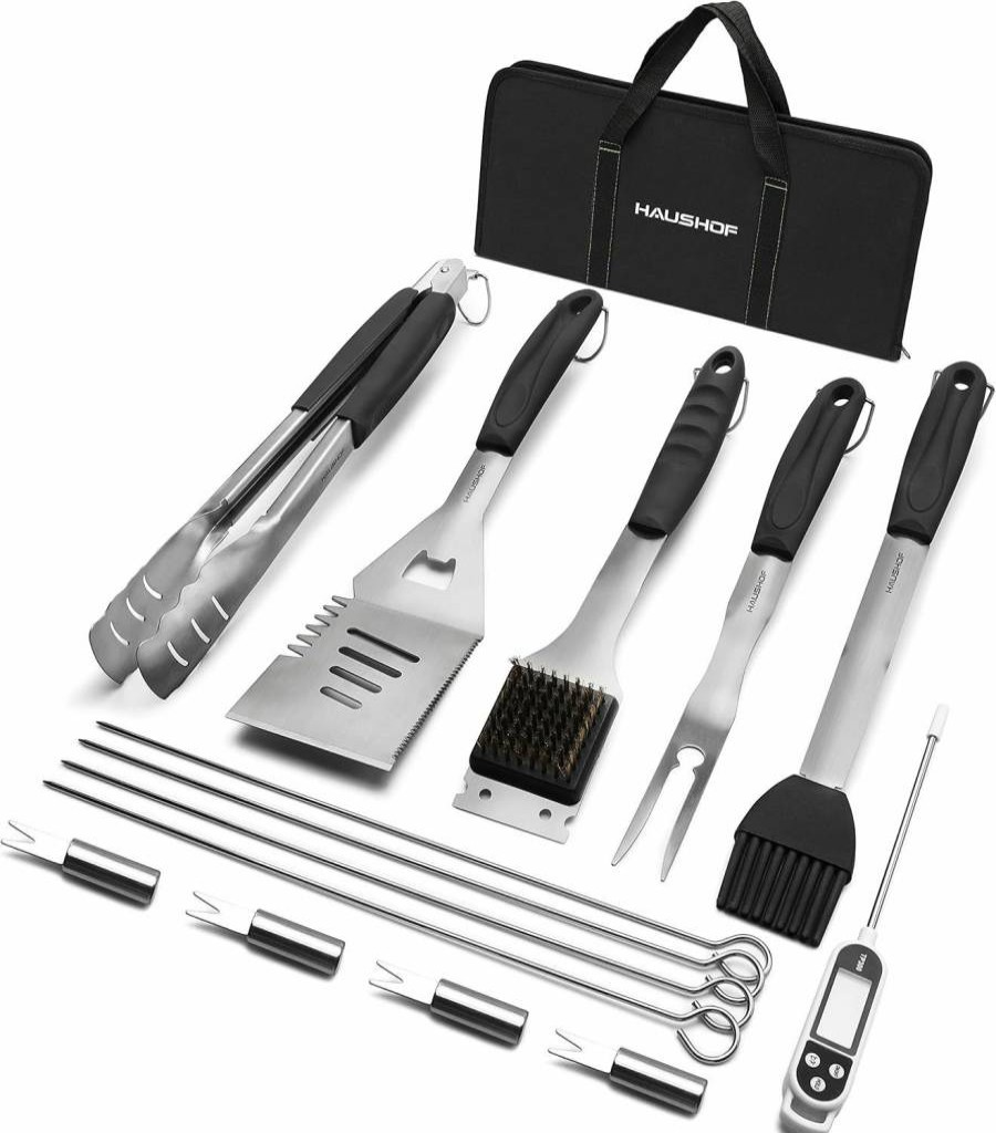 HAUSHOF 15-Piece Heavy Duty Stainless Steel BBQ Grill Set with 16.5" Spatula, Brush, Fork, Tongs, Skewers, Meat Thermometer & Storage Bag – Premium Grilling Accessories Kit for Outdoor Cooking