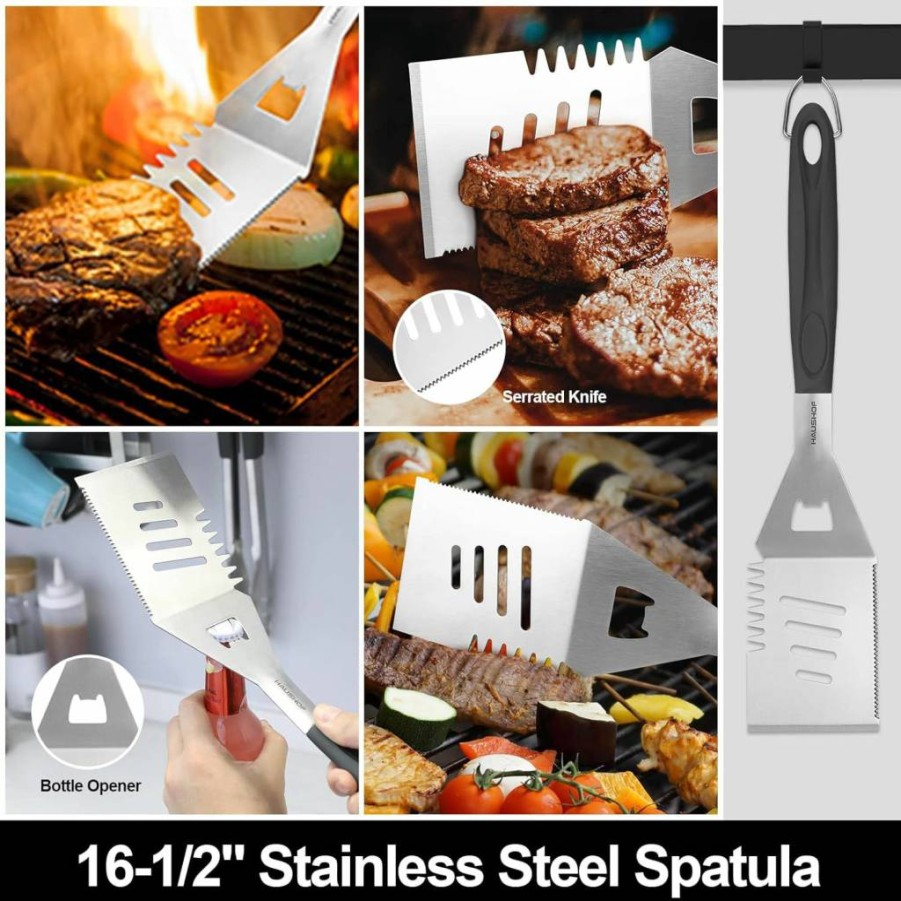 HAUSHOF 15-Piece Heavy Duty Stainless Steel BBQ Grill Set with 16.5" Spatula, Brush, Fork, Tongs, Skewers, Meat Thermometer & Storage Bag – Premium Grilling Accessories Kit for Outdoor Cooking
