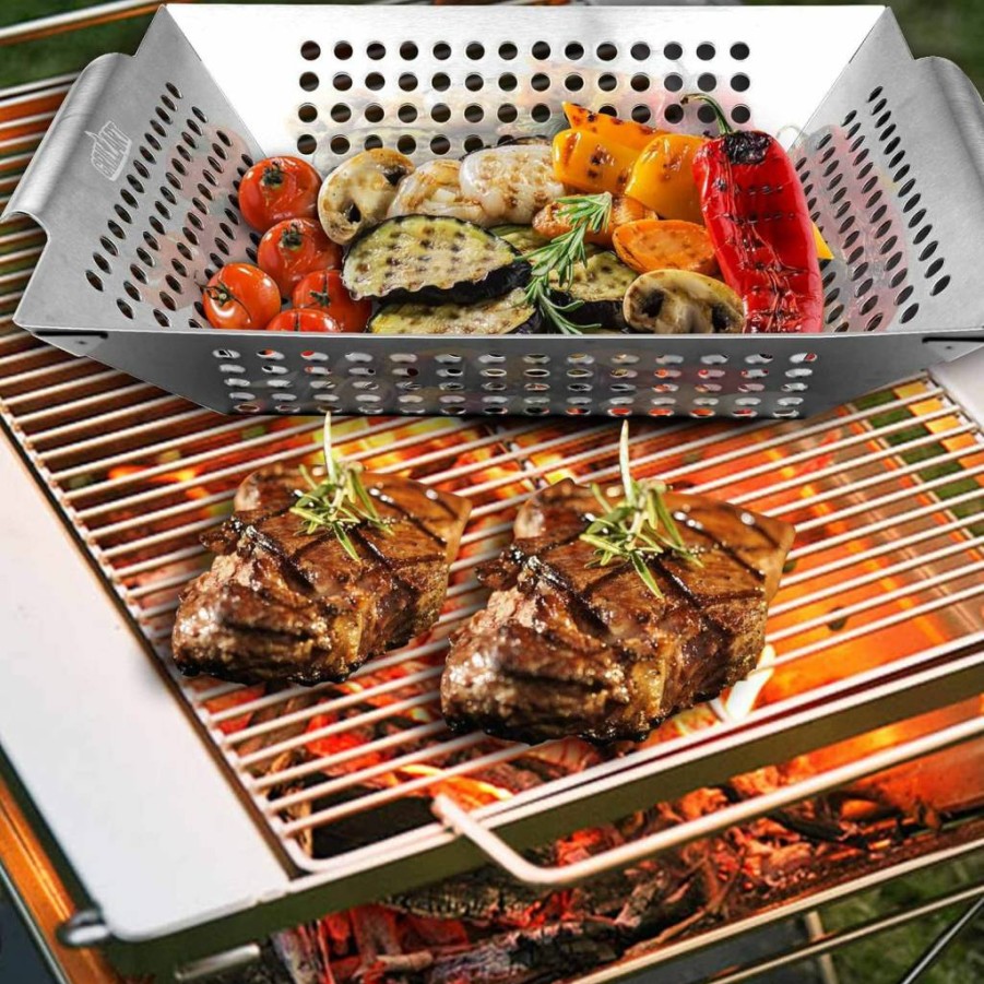 GRILLART Heavy Duty Stainless Steel Grill Basket for Vegetables - Large BBQ Grilling Pan for Outdoor Cooking, Perfect Grill Accessories Gift for Men & Dad