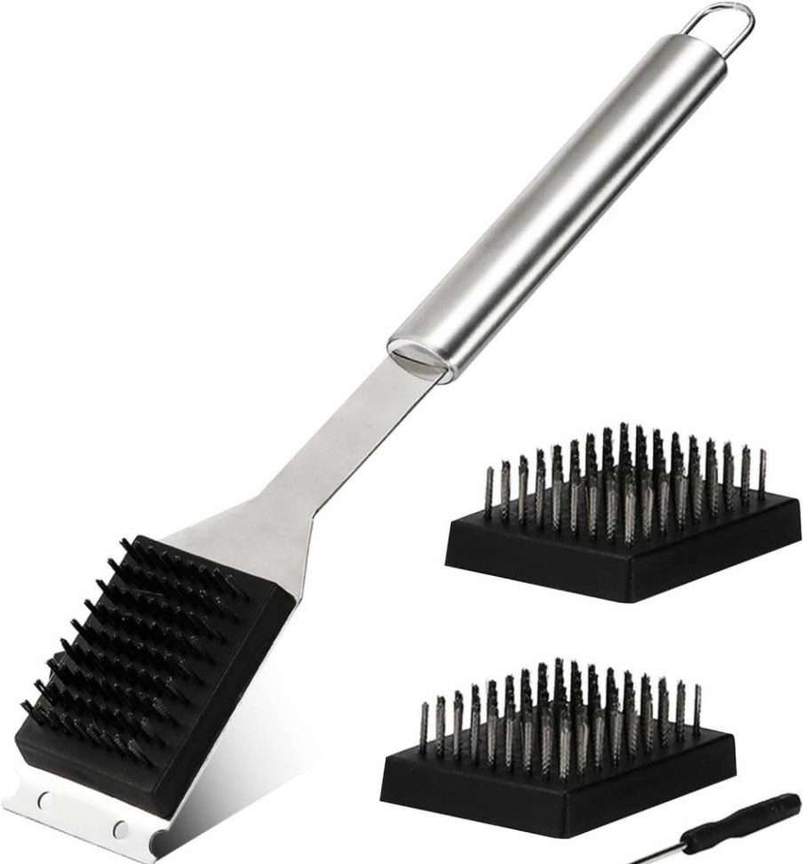 Zxmissu 16.5" Stainless Steel BBQ Grill Brush with 2 Replaceable Heads & Screwdriver – Heavy Duty Grill Scraper for Outdoor Cooking, 304 Steel Bristle Cleaning Brush – Grill Accessories