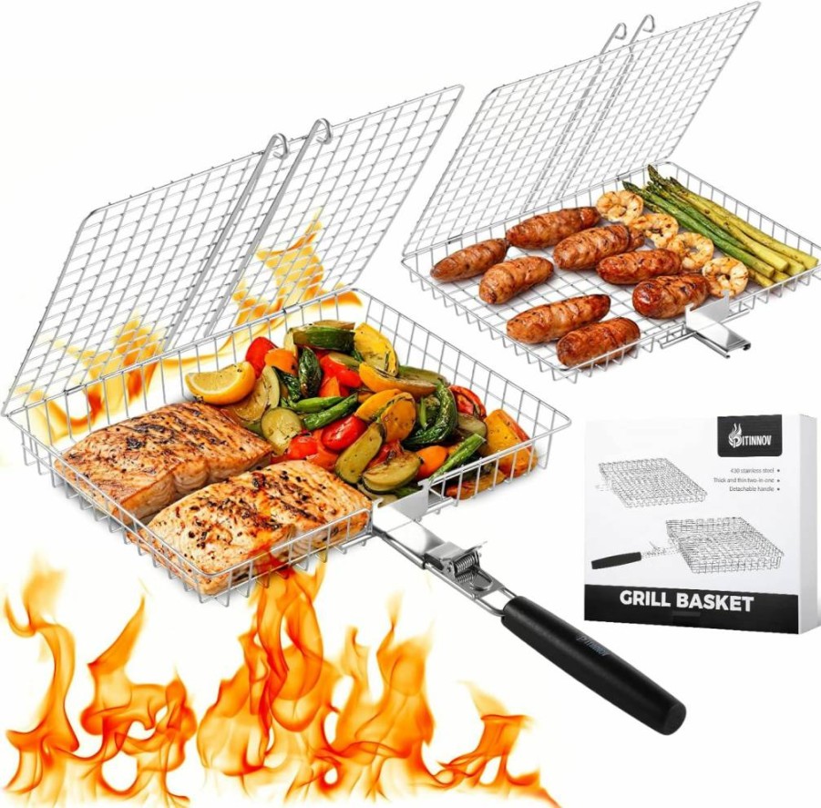 PitInnov 2Pcs Stainless Steel Nesting Grill Baskets with Removable Handle - BBQ Camping Cooking Tools for Fish, Vegetables, Shrimp - Perfect Gift for Men, Dad, Husband - Outdoor Grilling Accessories
