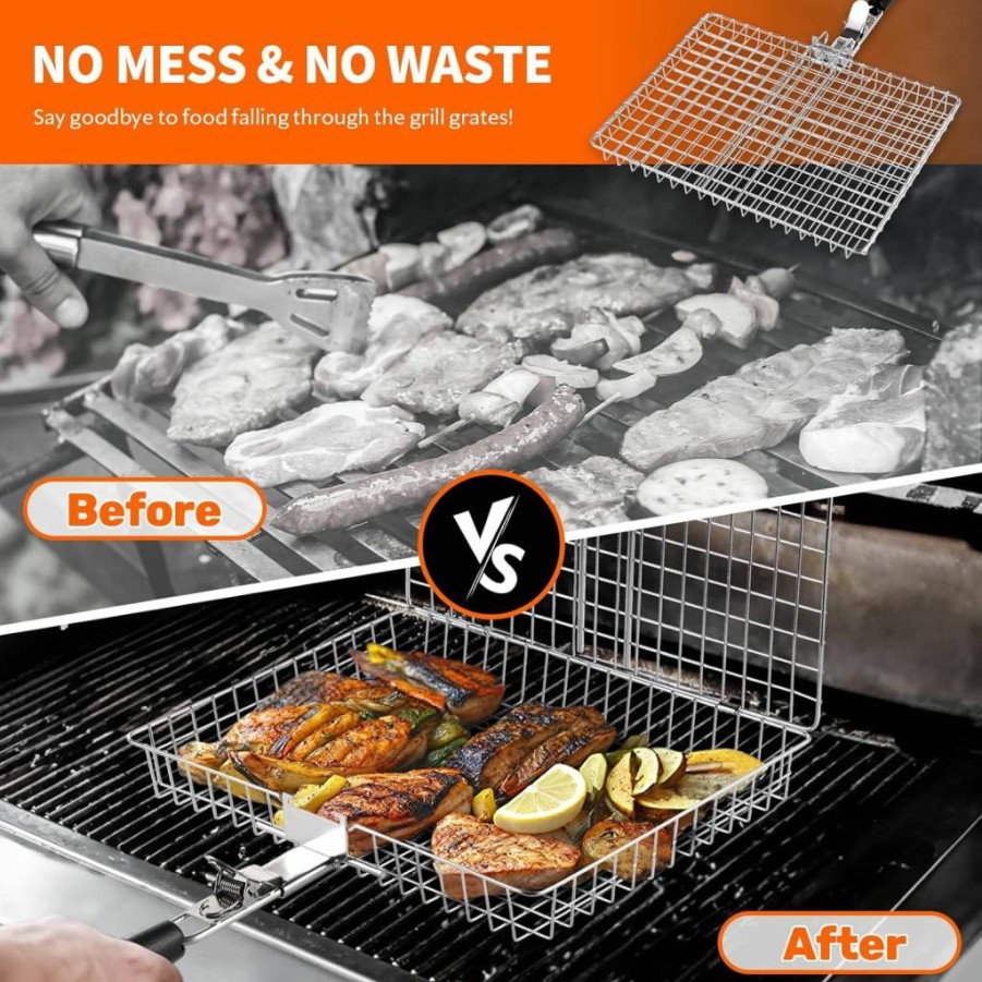 PitInnov 2Pcs Stainless Steel Nesting Grill Baskets with Removable Handle - BBQ Camping Cooking Tools for Fish, Vegetables, Shrimp - Perfect Gift for Men, Dad, Husband - Outdoor Grilling Accessories