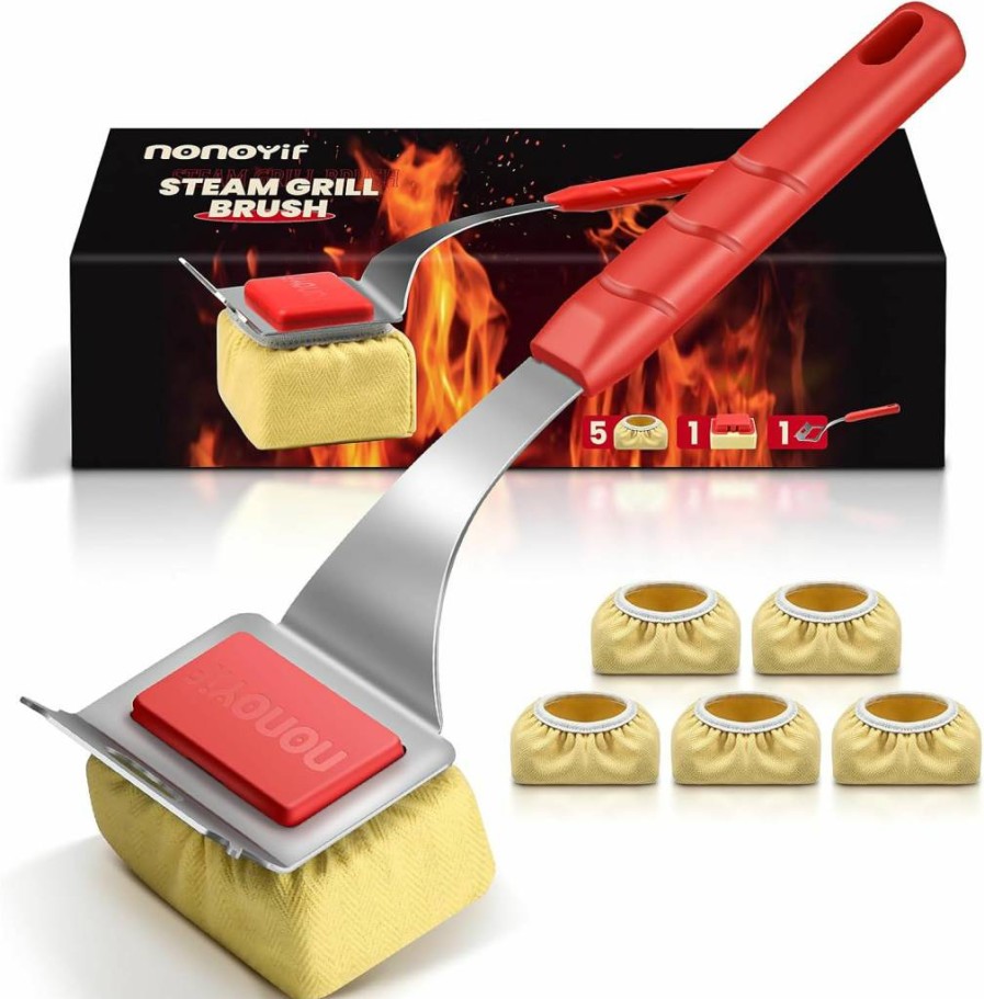 nonoYif Grill Brush Bristle Free with 5 Replaceable Pads - Steam Grill Cleaner for Outdoor BBQ, Cast Iron & Stainless Steel Grates - Safe Scraper Brush - Ideal Gift for Men and Dad