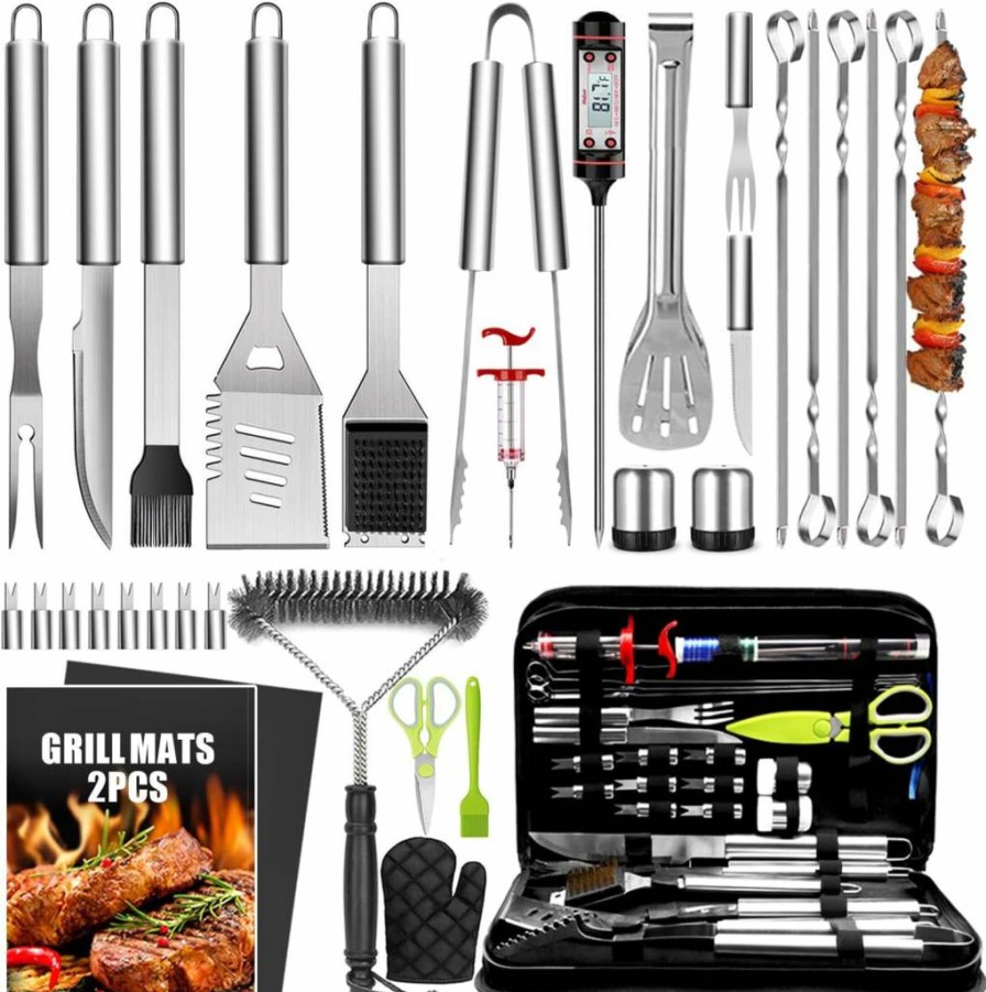 34Pcs Taimasi Premium BBQ Grill Set - 16 Inch Stainless Steel Grilling Tools with Thermometer, Heavy Duty Grill Accessories Kit for Men & Women, Includes Heat Resistant Grill Mats for Backyard Barbecue