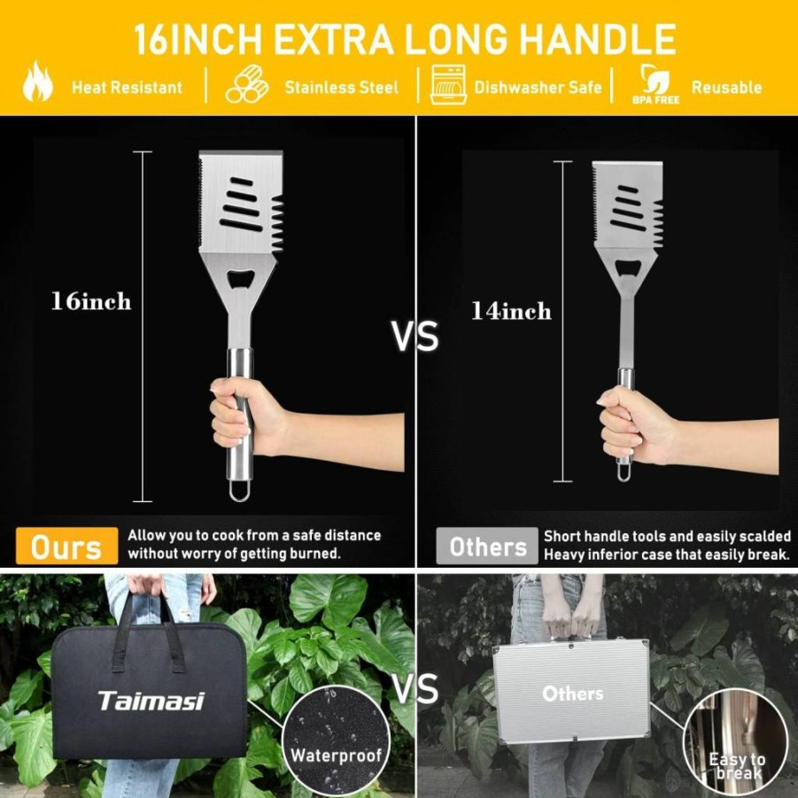 34Pcs Taimasi Premium BBQ Grill Set - 16 Inch Stainless Steel Grilling Tools with Thermometer, Heavy Duty Grill Accessories Kit for Men & Women, Includes Heat Resistant Grill Mats for Backyard Barbecue