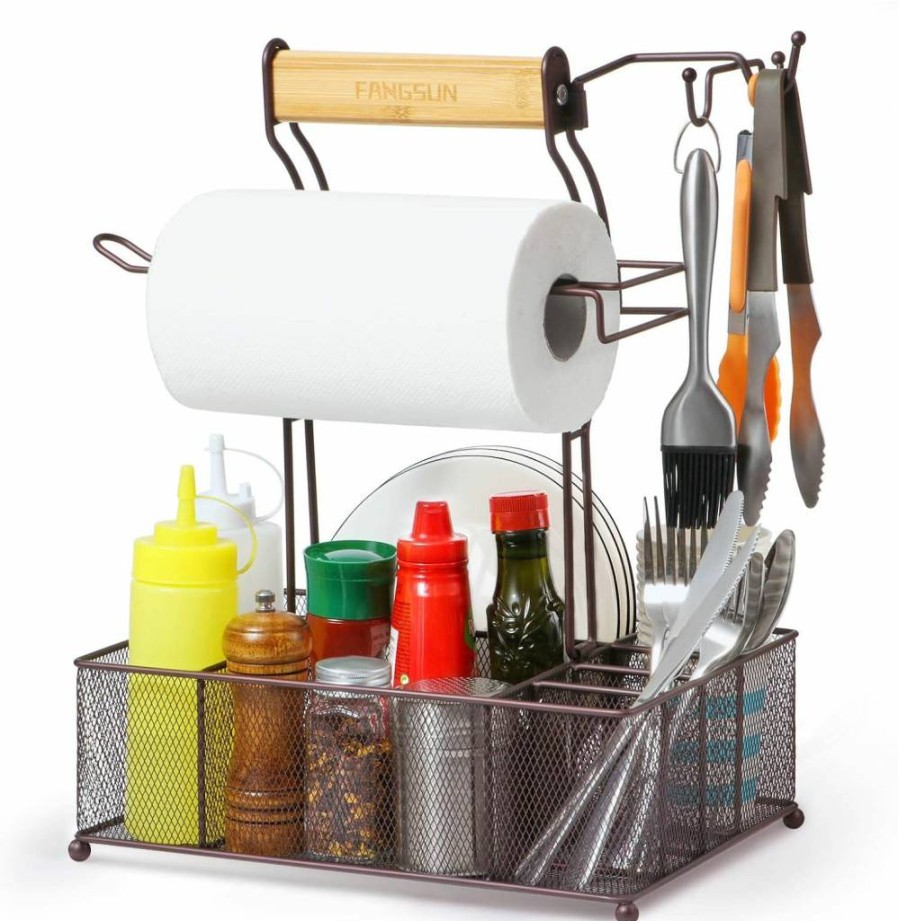 FANGSUN BBQ Grill Caddy with Paper Towel Holder - Outdoor Camping Picnic Condiment & Utensil Organizer for RV, Patio, Grilling Tools Storage