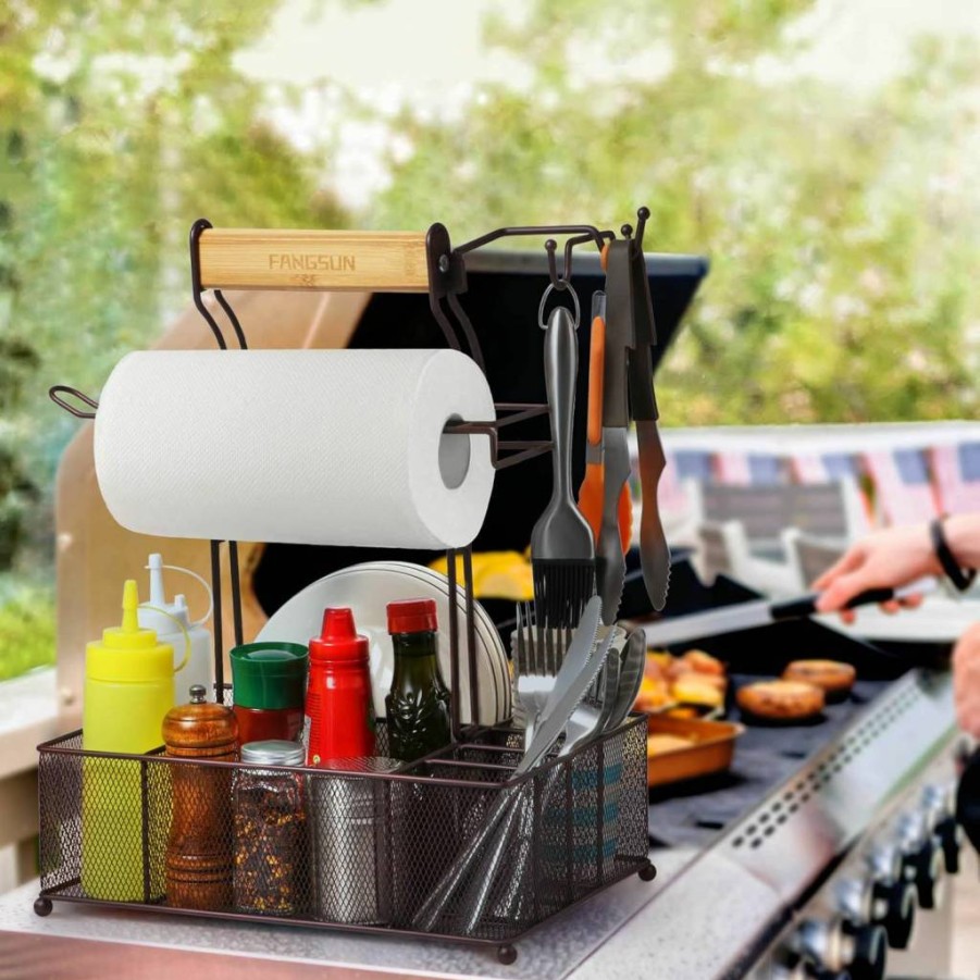 FANGSUN BBQ Grill Caddy with Paper Towel Holder - Outdoor Camping Picnic Condiment & Utensil Organizer for RV, Patio, Grilling Tools Storage