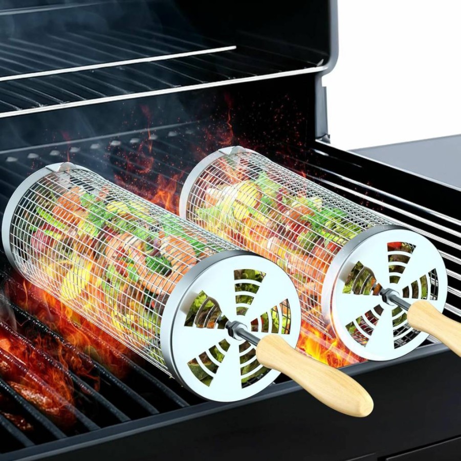 KUQIHUG 2PCS Stainless Steel Grill Basket with Removable Wooden Handle - Outdoor BBQ Cooking Tools for Meat, Vegetables, Camping & Gifts for Men
