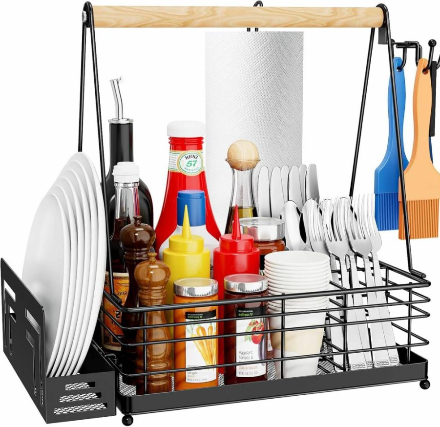 JBBTOOL Grill Caddy - BBQ Organizer with Paper Towel Holder, Condiment & Utensil Storage for Outdoor Camping, Picnic, RV, Tailgate - Perfect Grilling Gift for Men & Dad