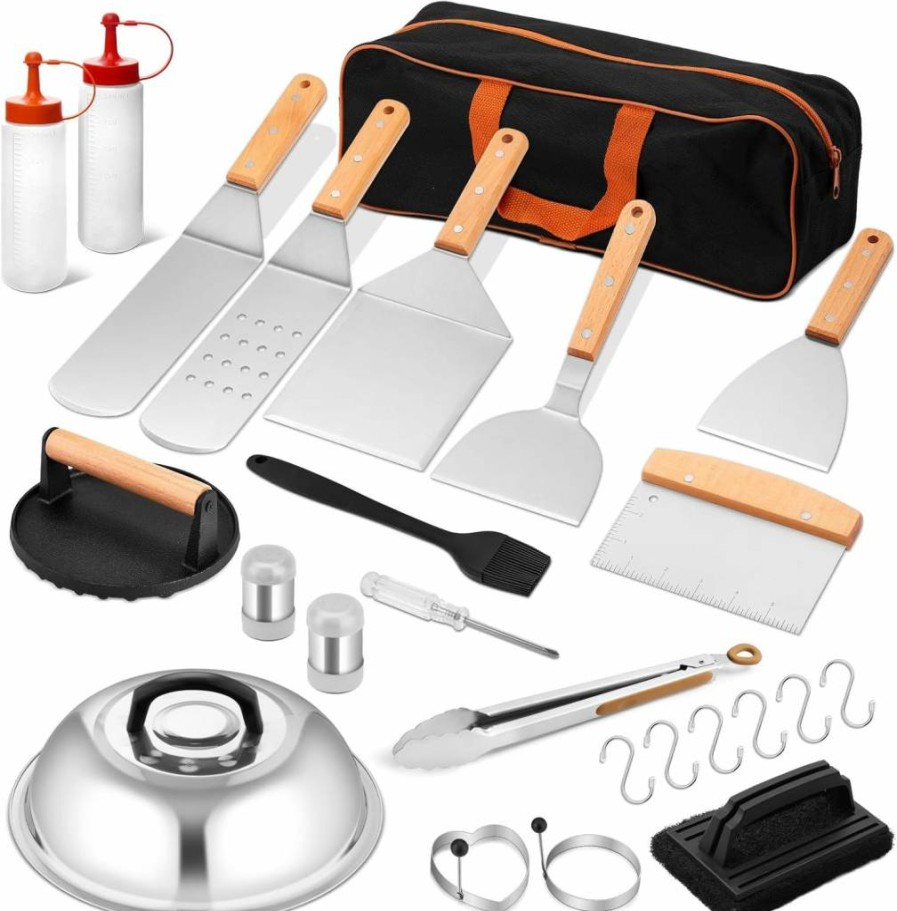 Leonyo 25-Piece Professional Griddle Accessories Kit - Heavy Duty Spatulas, Basting Cover, Metal Scraper & Burger Press for Outdoor BBQ & Flat Top Grill Cooking