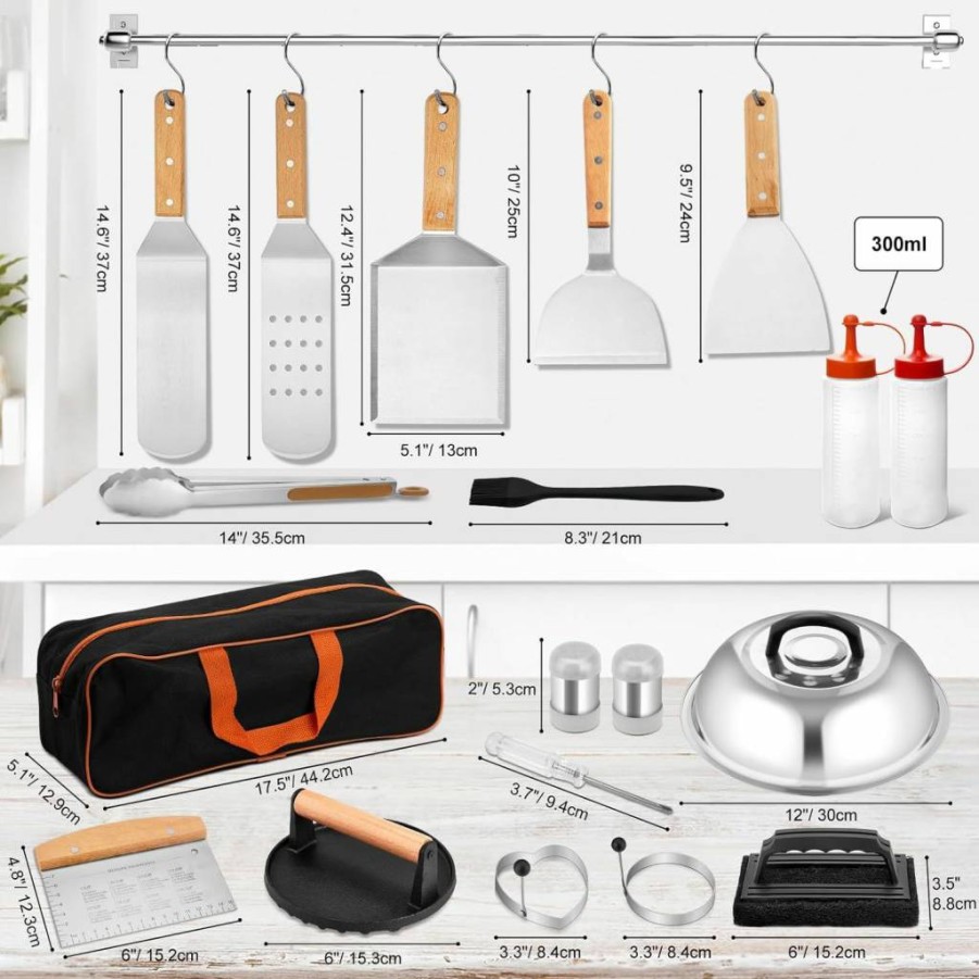 Leonyo 25-Piece Professional Griddle Accessories Kit - Heavy Duty Spatulas, Basting Cover, Metal Scraper & Burger Press for Outdoor BBQ & Flat Top Grill Cooking