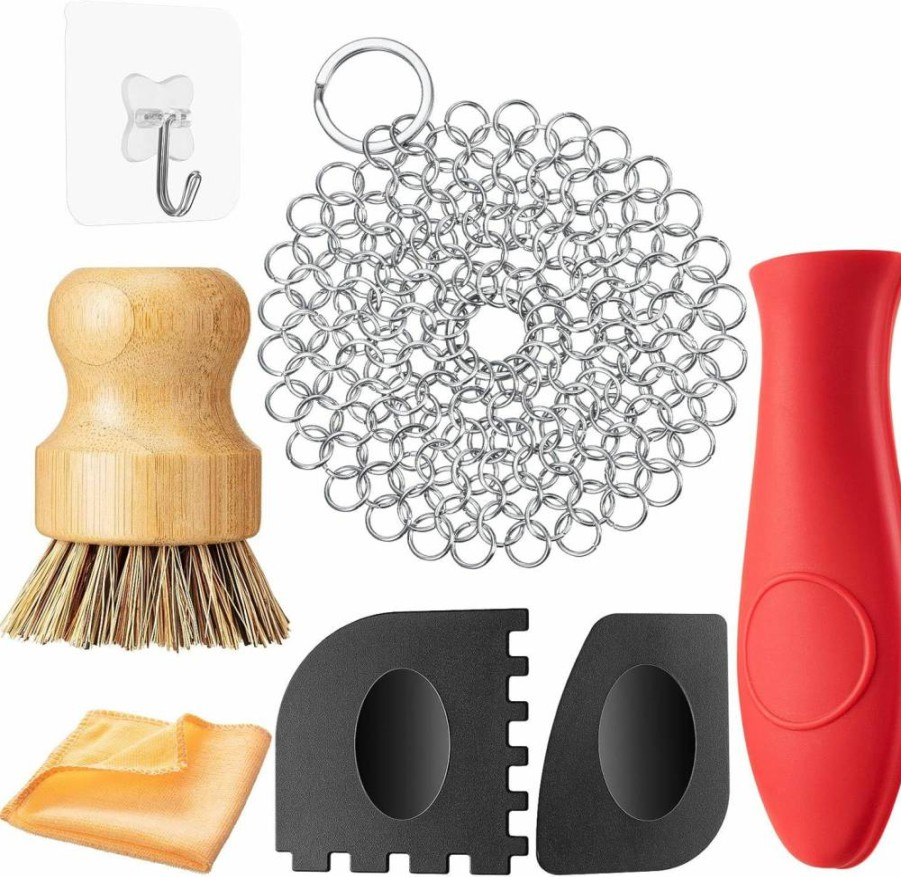 Patelai 7-Piece Cast Iron Cleaning Kit with Chainmail Scrubber, Bamboo Brush, Pan Scrapers, Hot Handle Holder, and Kitchen Towel Hook - Bright Color Set