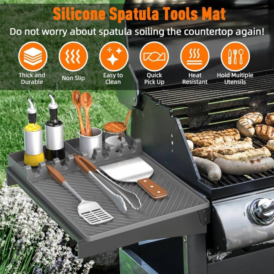 Lanlw Silicone Grill Mat for Blackstone Griddles - Non-Slip Drip Pad & Spatula Rest - Heat-Resistant Counter Protector for Outdoor Cooking (Grey)