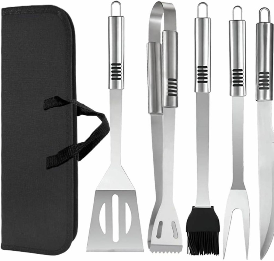 Dossini 6-Piece Stainless Steel BBQ Grill Tools Set with Spatula, Fork, Knife, Brush, Tongs & Carry Bag for Outdoor Cooking