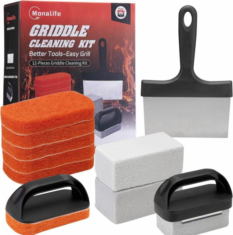 Monalife Griddle Cleaning Kit for Blackstone & Flat Top Grills - Grill Scraper, Scouring Pads, Cleaning Brick & Brush Set for Outdoor Grill Accessories
