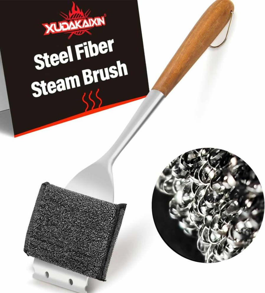 XUDAKAIXIN 18 Inch Bristle-Free Steam Grill Brush with Replaceable Head & Acacia Wood Handle – Safe BBQ Cleaning Tool for Outdoor Grills, Ideal Gift for Men and Dad
