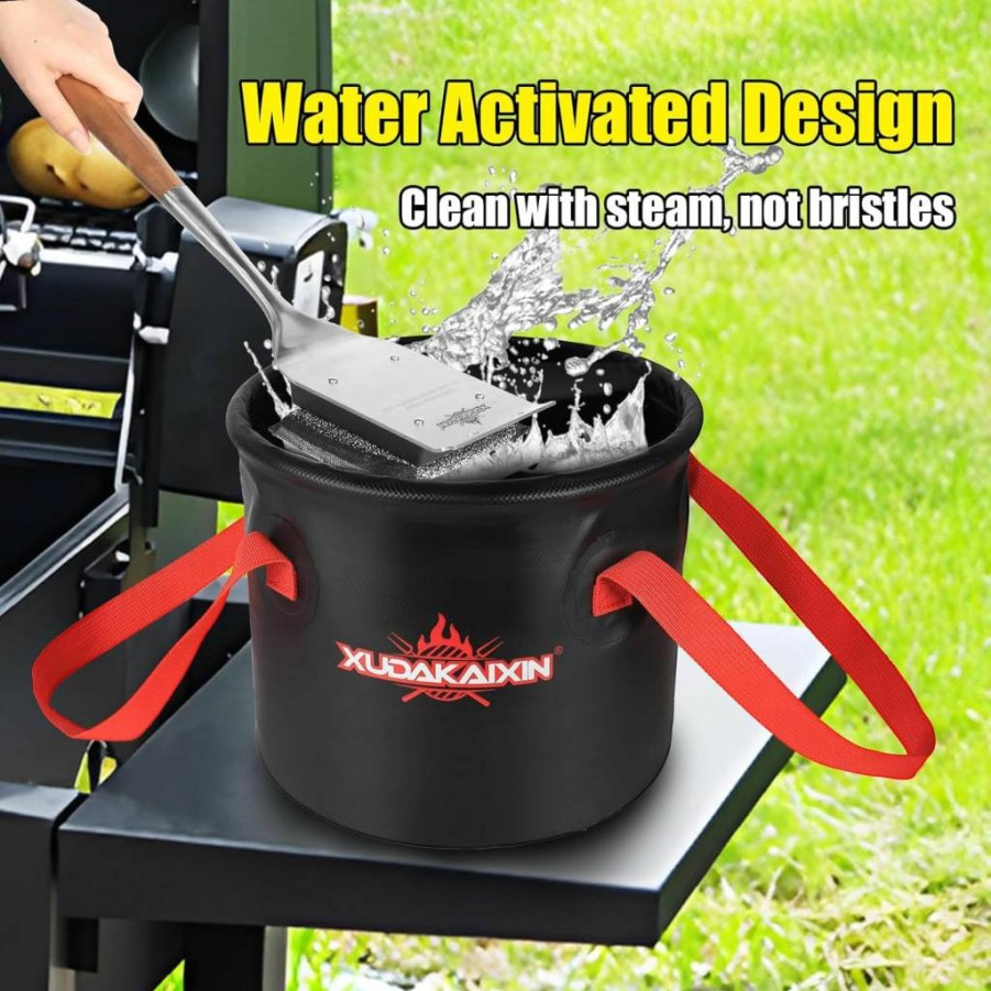 XUDAKAIXIN 18 Inch Bristle-Free Steam Grill Brush with Replaceable Head & Acacia Wood Handle – Safe BBQ Cleaning Tool for Outdoor Grills, Ideal Gift for Men and Dad