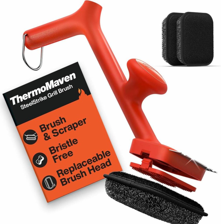 ThermoMaven 17" Bristle-Free BBQ Grill Cleaner - Safe Steam Grill Brush with Scraper & 3 Replaceable Heads for Gas, Charcoal, Porcelain Grills - Outdoor Barbecue Cleaning Tool