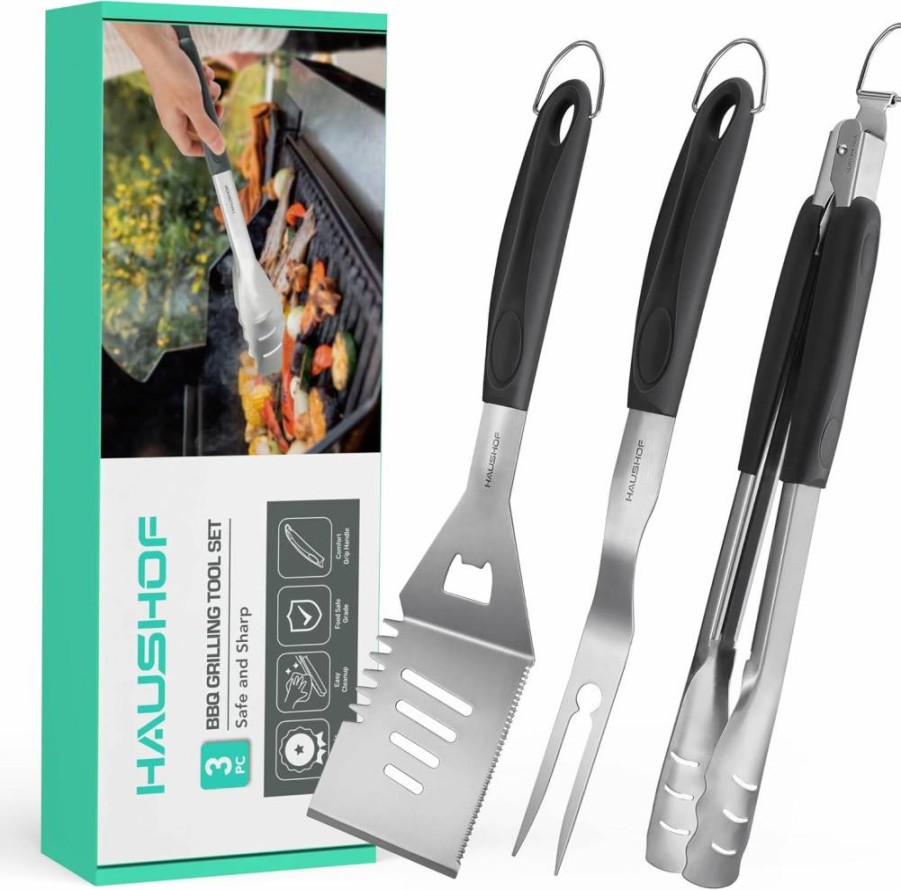 HAUSHOF Premium Stainless Steel BBQ Tool Set - Heavy Duty Grill Utensils Kit with Spatula, Fork & Tongs for Outdoor Cooking, Perfect Gift for Grilling Lovers