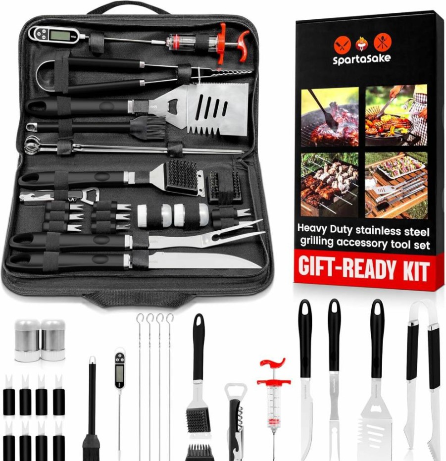 SpartaSake 24-Piece Stainless Steel BBQ Grill Tools Set - Spatula, Tongs, Thermometer for Blackstone Griddle, Outdoor Camping, Perfect Gift for Dad, Men, Women