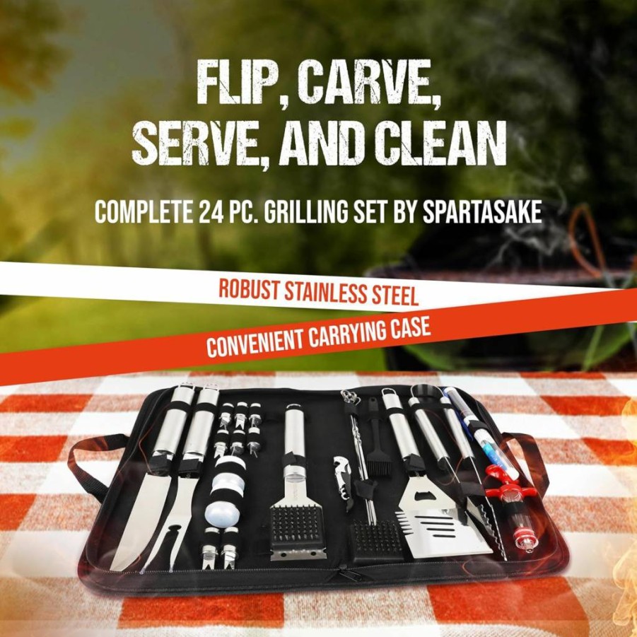 SpartaSake 24-Piece Stainless Steel BBQ Grill Tools Set - Spatula, Tongs, Thermometer for Blackstone Griddle, Outdoor Camping, Perfect Gift for Dad, Men, Women
