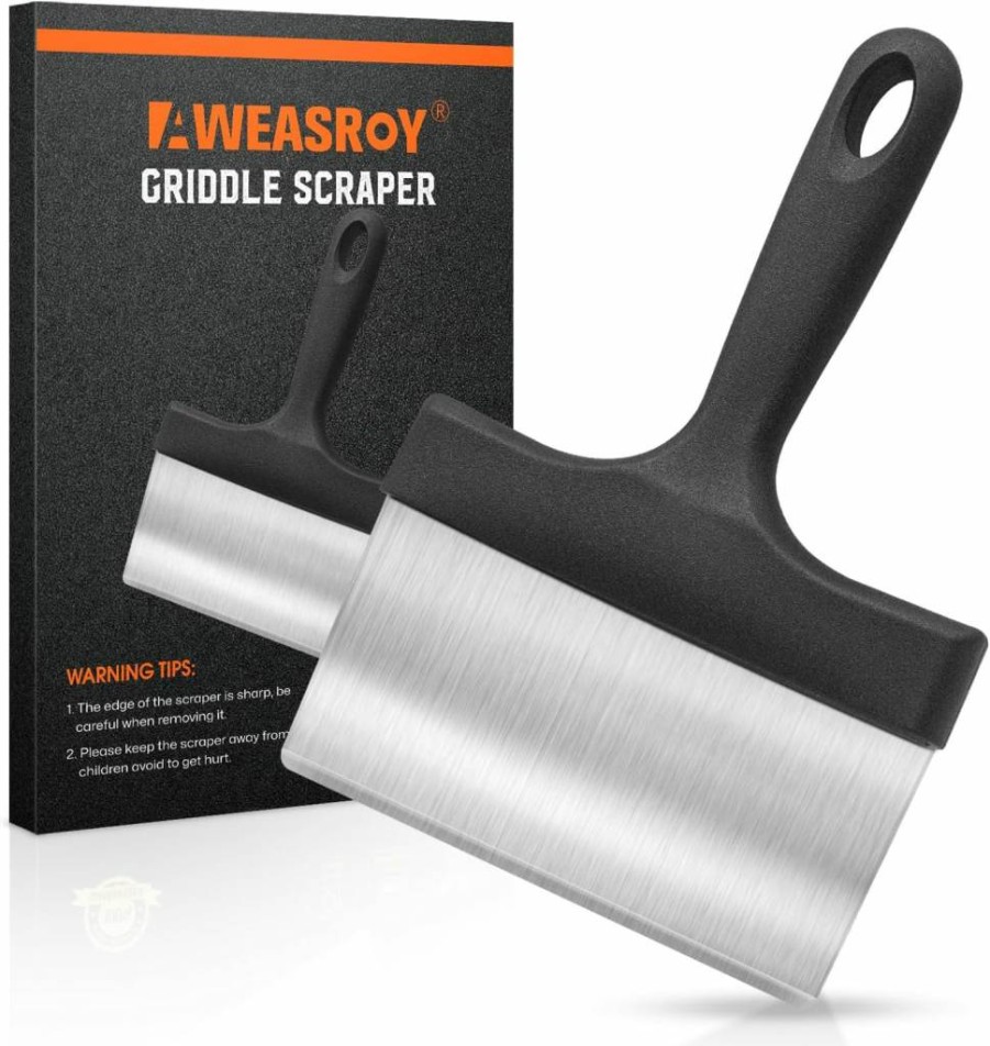 AWEASROY Heavy Duty Stainless Steel Grill Scraper - 5" Ergonomic Handle for Blackstone Griddles, Outdoor BBQ & Kitchen Cleaning Tools - Durable Food Scraper Accessory