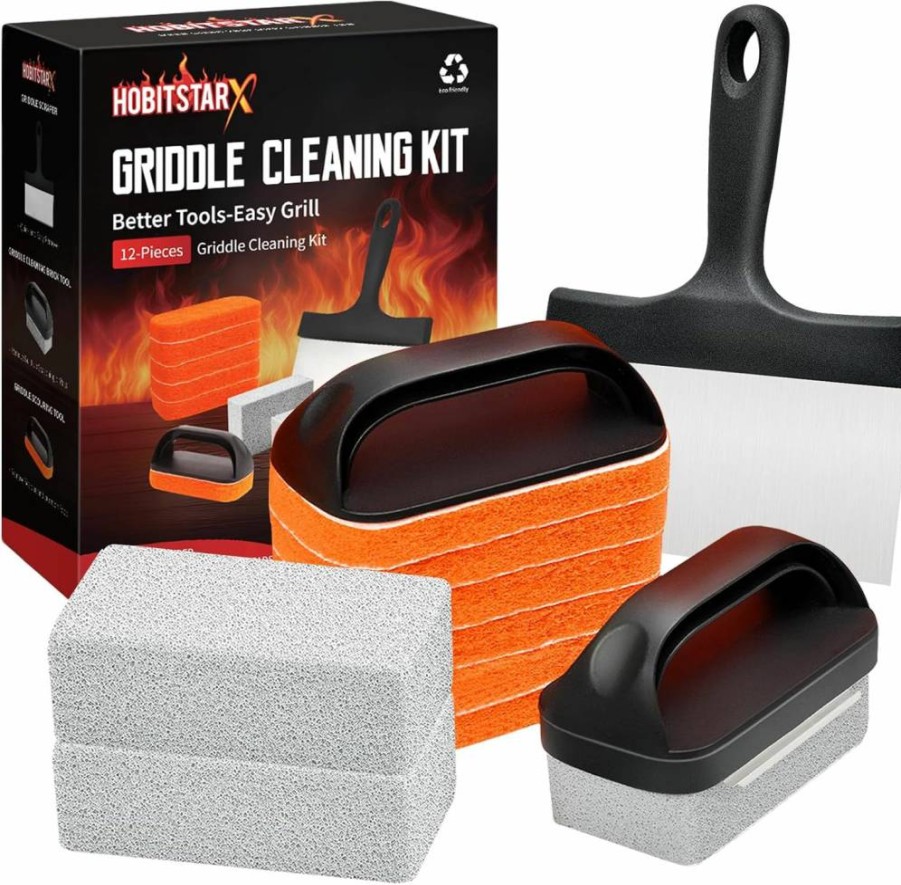 HOBITSTARX 12-Piece Griddle Cleaning Kit for Blackstone - Grill Scraper, Grill Stone, Scouring Pads, Flat Top Cleaner Set