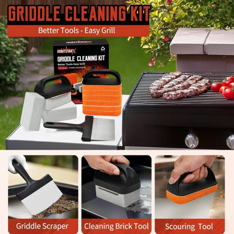 HOBITSTARX 12-Piece Griddle Cleaning Kit for Blackstone - Grill Scraper, Grill Stone, Scouring Pads, Flat Top Cleaner Set