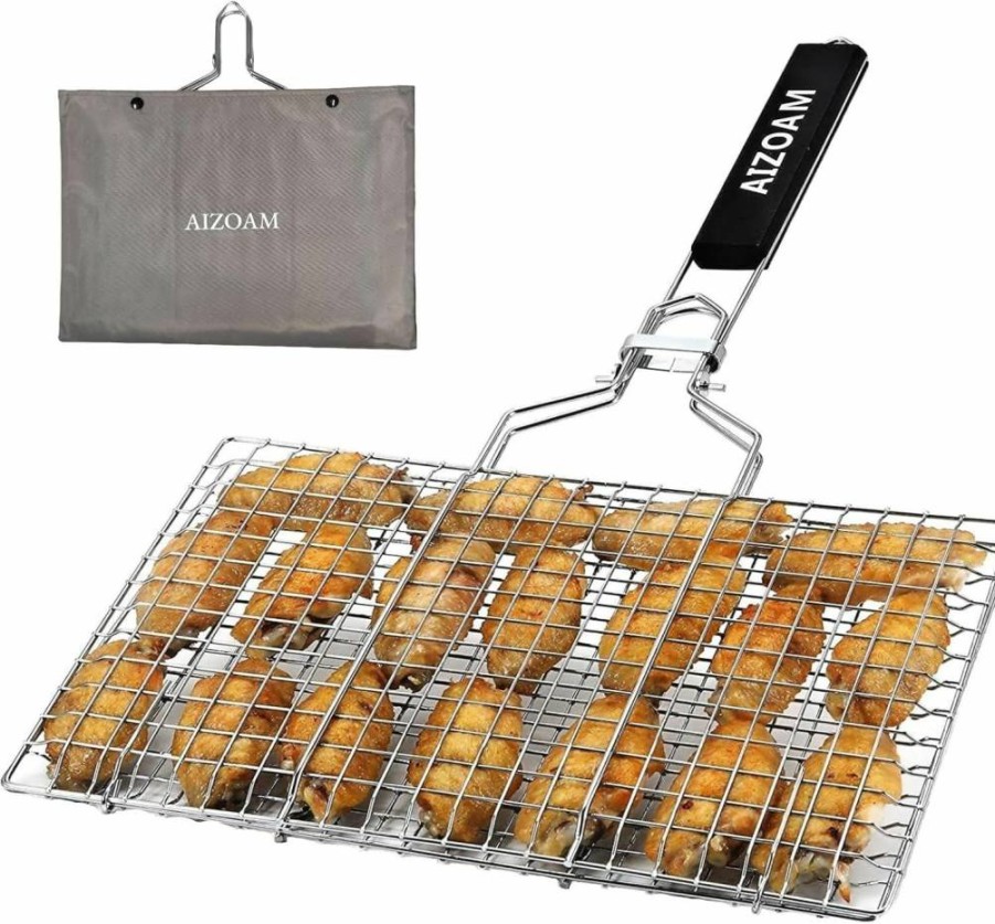 AIZOAM Stainless Steel Grill Basket with Removable Handle - Large Portable Grilling Rack for Fish, Meat, Vegetables - Perfect Outdoor BBQ Accessory
