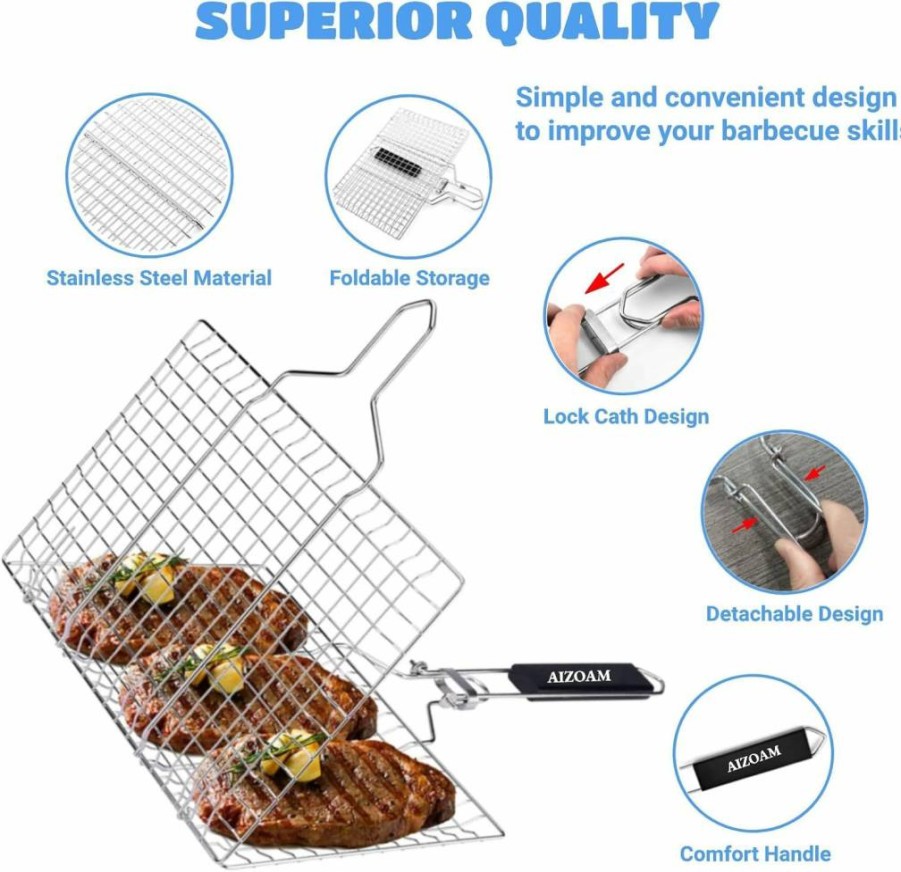 AIZOAM Stainless Steel Grill Basket with Removable Handle - Large Portable Grilling Rack for Fish, Meat, Vegetables - Perfect Outdoor BBQ Accessory