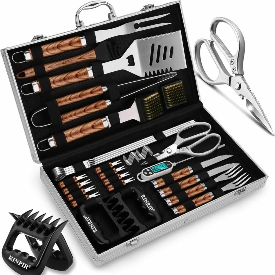 RINPRO 35-Piece Premium Stainless Steel BBQ Grill Tools Set with Scissors, Meat Claws & Aluminum Case - Ideal Grilling Gifts for Men, Dad, Father's Day or Birthday