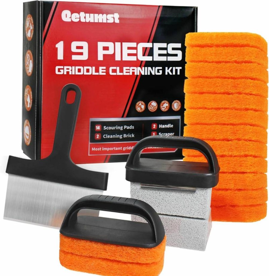 Qetumst 19-Piece Blackstone Griddle Cleaning Kit with Grill Stone, Scraper, Scouring Pads & Handles – Heavy Duty Flat Top Grill Cleaner Set for Deep BBQ Maintenance