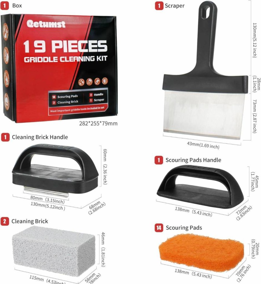 Qetumst 19-Piece Blackstone Griddle Cleaning Kit with Grill Stone, Scraper, Scouring Pads & Handles – Heavy Duty Flat Top Grill Cleaner Set for Deep BBQ Maintenance