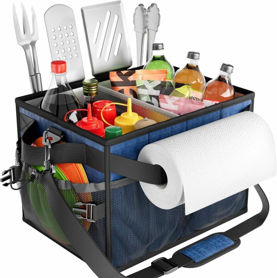 FANGSUN Collapsible BBQ Organizer Caddy - Portable Grill Accessory for Utensils, Plates & Condiments, Picnic Must-Have with Paper Towel Holder for Outdoor, Camping, Travel, RV & Car