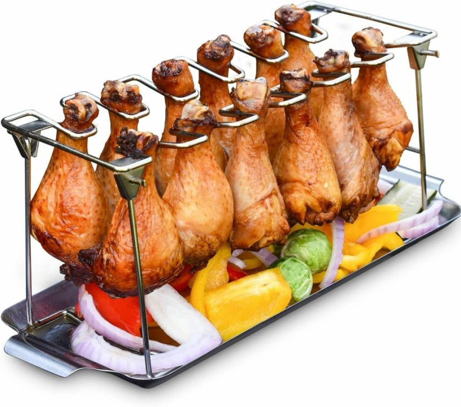 RTT Premium Stainless Steel Chicken Leg & Wing Rack for Grill/Smoker - 12 Slot Drumstick Holder with Drip Tray - Heavy Duty BBQ Accessories