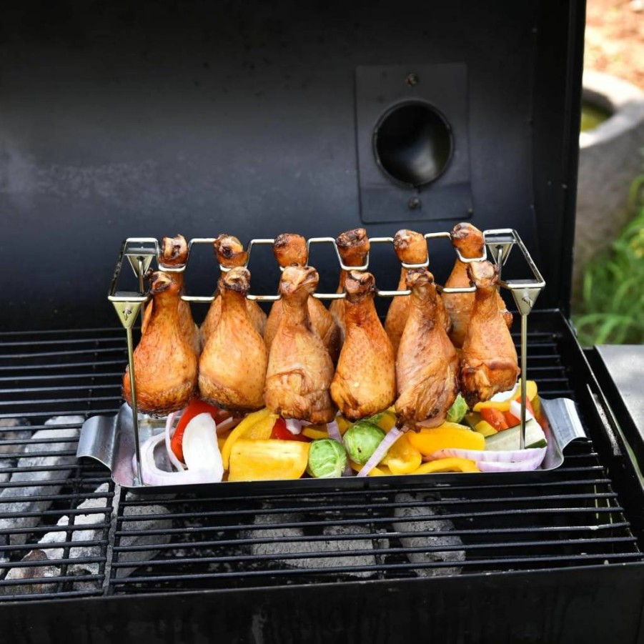 RTT Premium Stainless Steel Chicken Leg & Wing Rack for Grill/Smoker - 12 Slot Drumstick Holder with Drip Tray - Heavy Duty BBQ Accessories