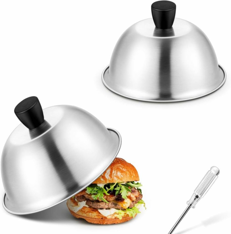 Joyfair 6 Inch Stainless Steel Cheese Melting Dome - Dishwasher Safe, Brushed Finish Grilling Lid for Indoor & Outdoor Flat Top Grill Cooking (2 Pack)